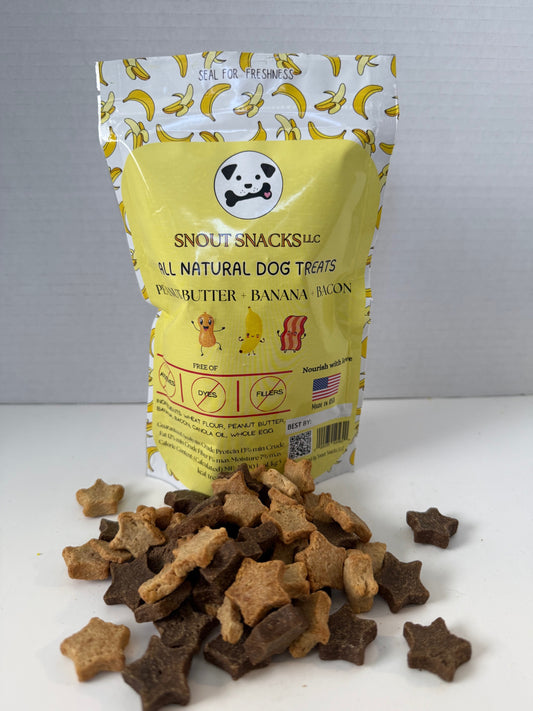 Peanut Butter, Banana & Bacon Dog Treats – Crunchy Biscuits (6 oz)